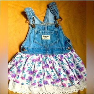 OshKosh B’gosh Floral Overall Denim Jumper Frilly Dress Baby Girl 18 Month
